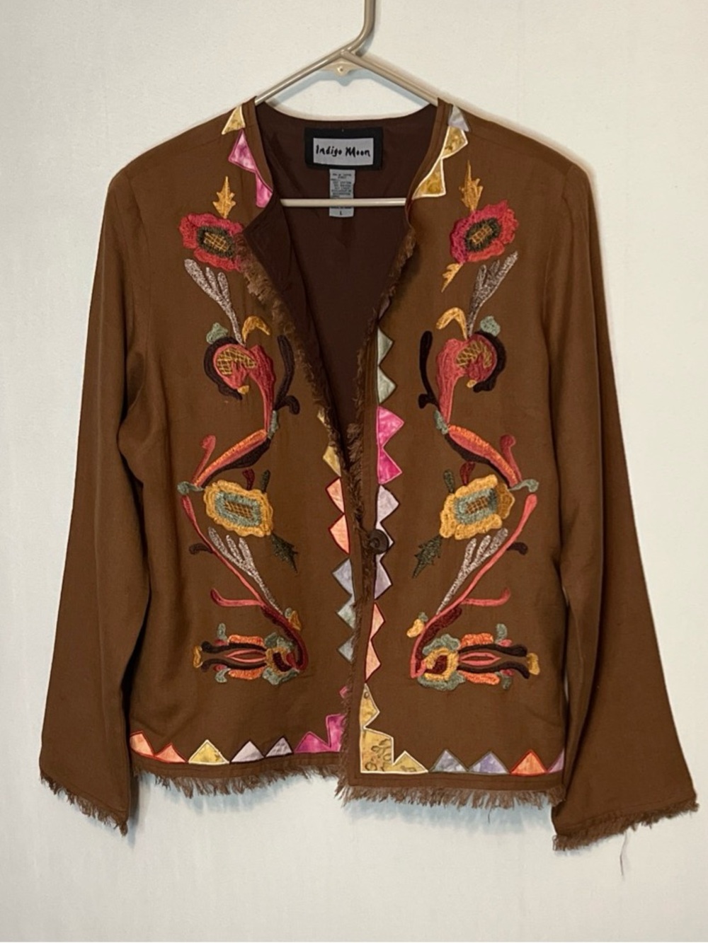 Vtg Y2K Indigo Moon Floral Embroidered Embellished Frey Trim Blazer Jacket Sz L